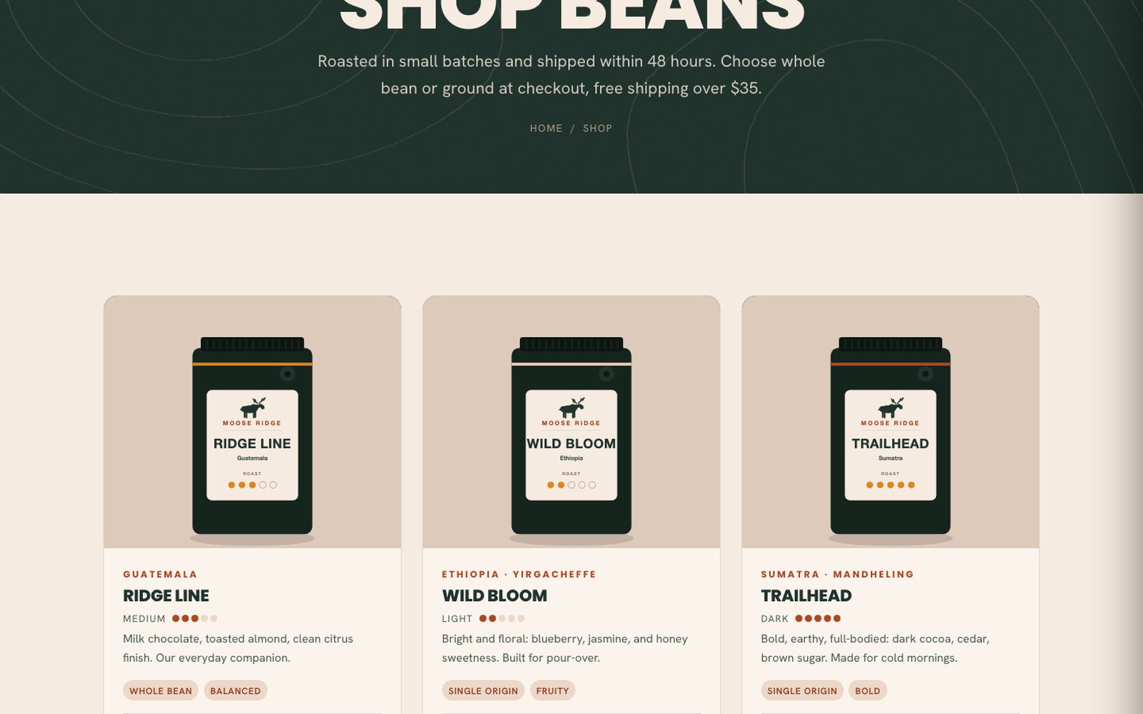 Moose Ridge Coffee Co. website